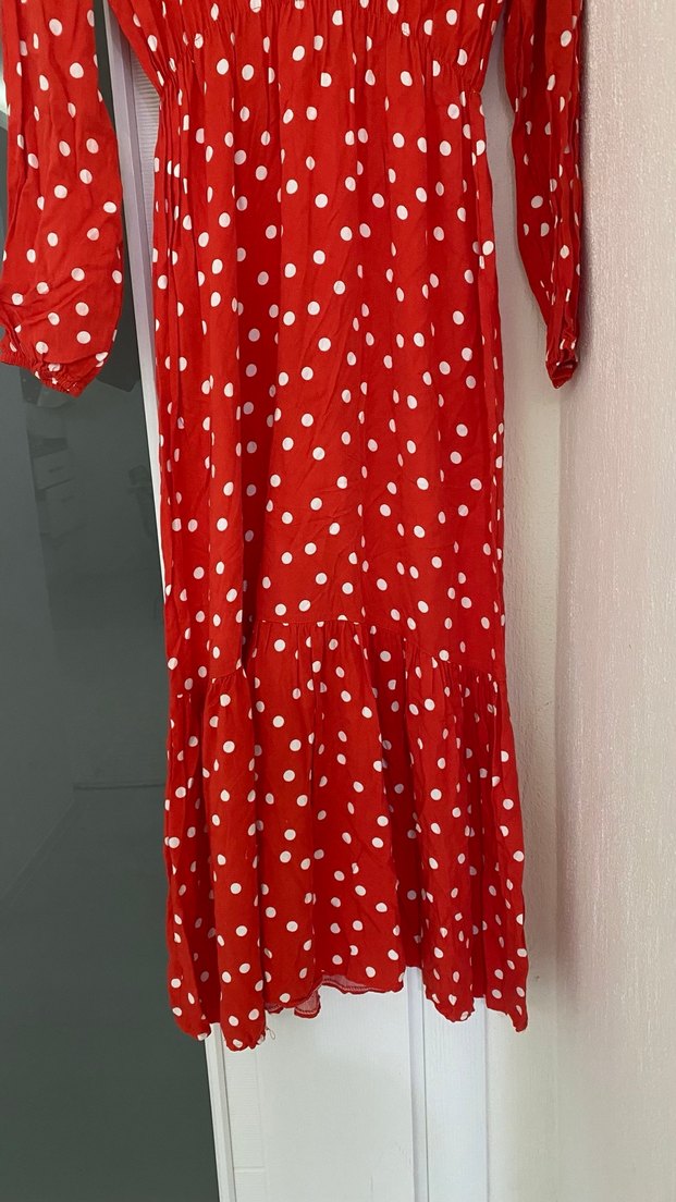 Kırmızı Puantiyeli Uzun Kollu Uzun Elbise - Görsel 2