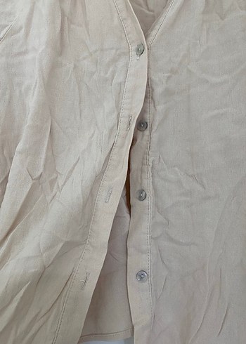 Bej V Yaka Keten Karışımlı Kadın Bluz - Görsel 7