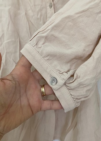 Bej V Yaka Keten Karışımlı Kadın Bluz - Görsel 5