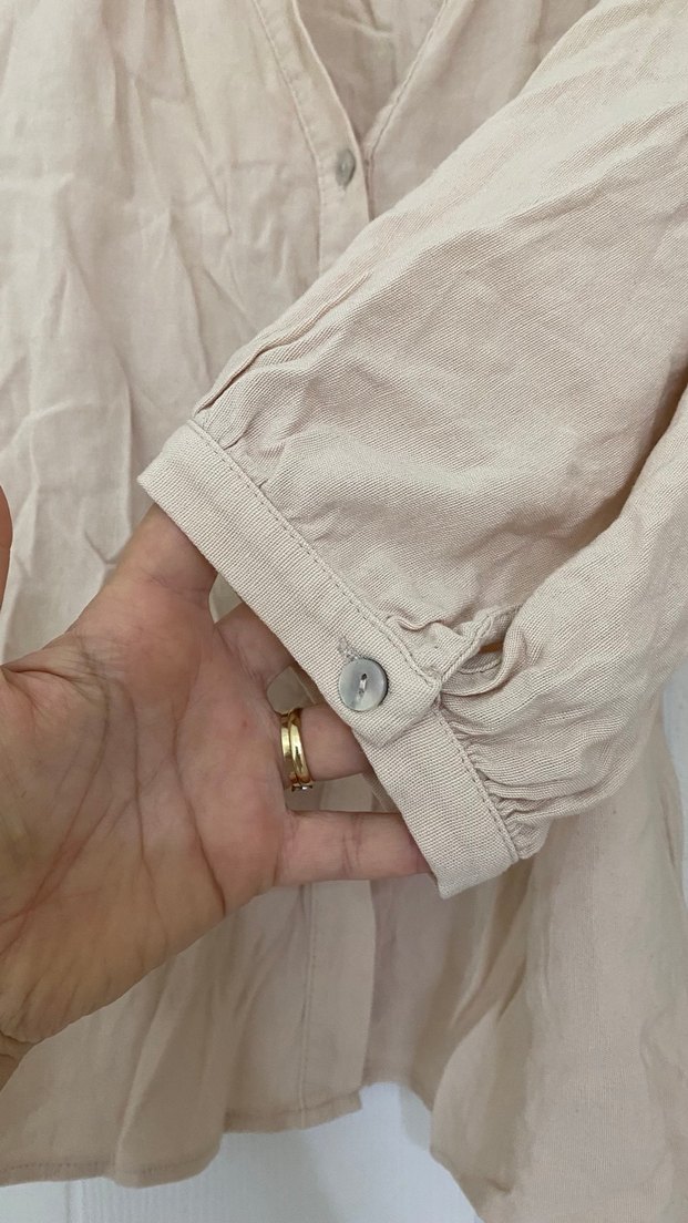 Bej V Yaka Keten Karışımlı Kadın Bluz - Görsel 5