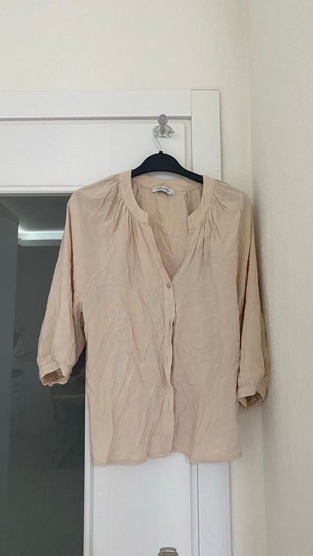 Bej V Yaka Keten Karışımlı Kadın Bluz - Görsel 4