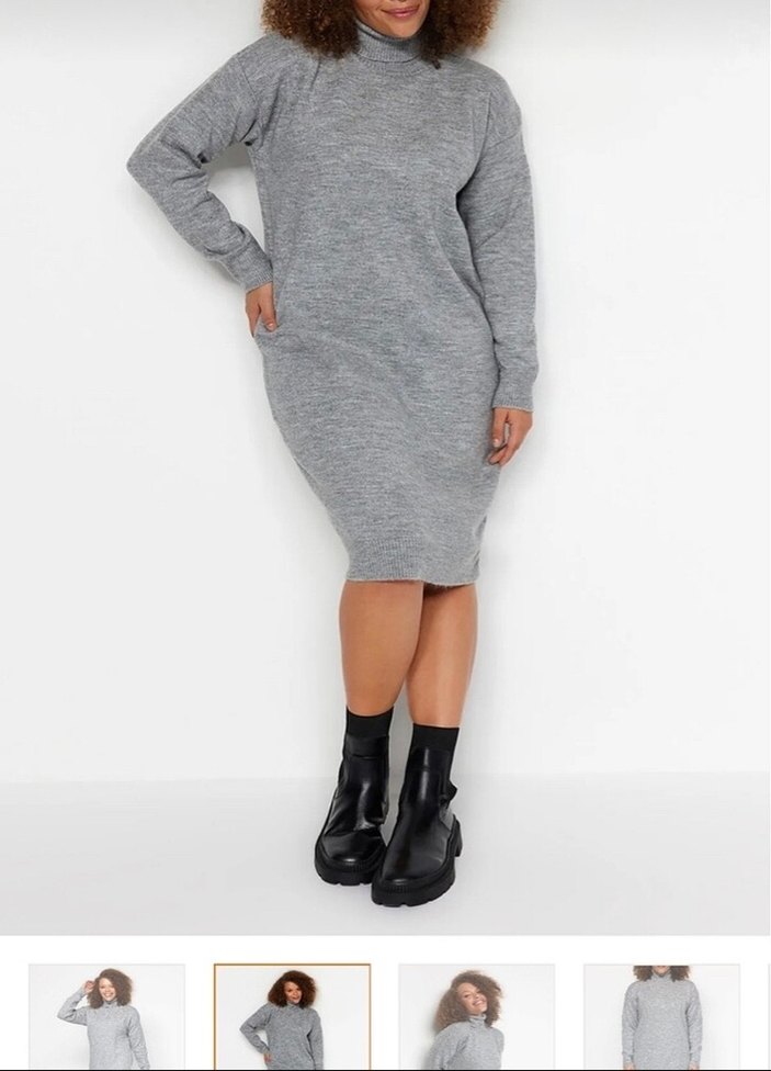 Trendyolmilla Gri Midi Triko Elbise - Görsel 2