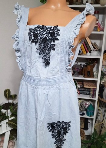 38 Beden Nakışlı Fırfırlı Uzun Denim Elbise