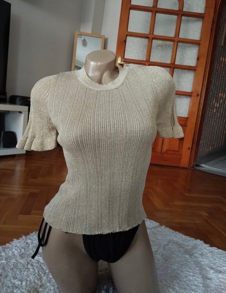 Bej Kısa Kollu Bohem Triko Kadın Kazak - Görsel 3