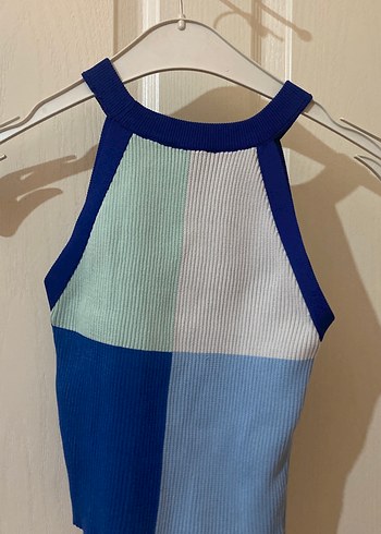 Kadın Mavi Triko Kolsuz Mini Bluz - Görsel 2