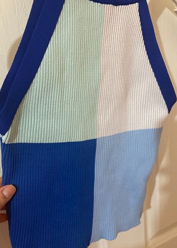 Kadın Mavi Triko Kolsuz Mini Bluz - Görsel 3