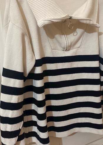 Çizgili Beyaz Gri Triko Kadın Kazak - Görsel 3