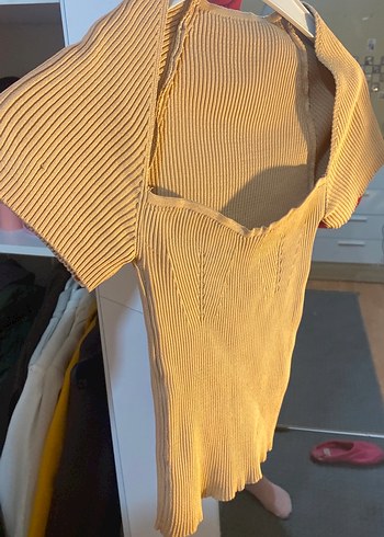 Bej Kadın Kısa Kollu Örgü Mini Kazak - Görsel 2