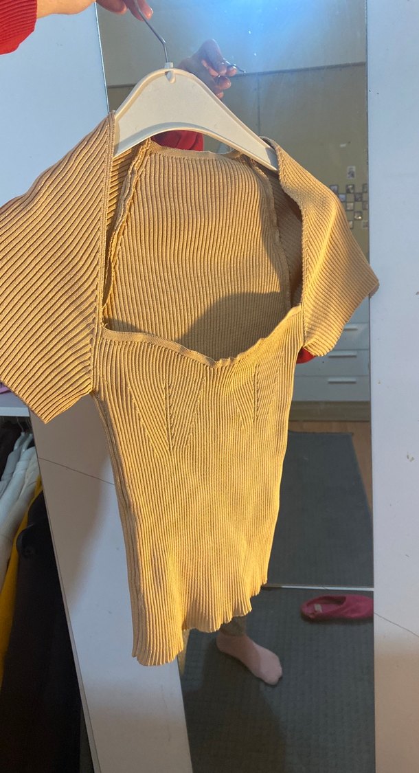 Bej Kadın Kısa Kollu Örgü Mini Kazak - Görsel 4