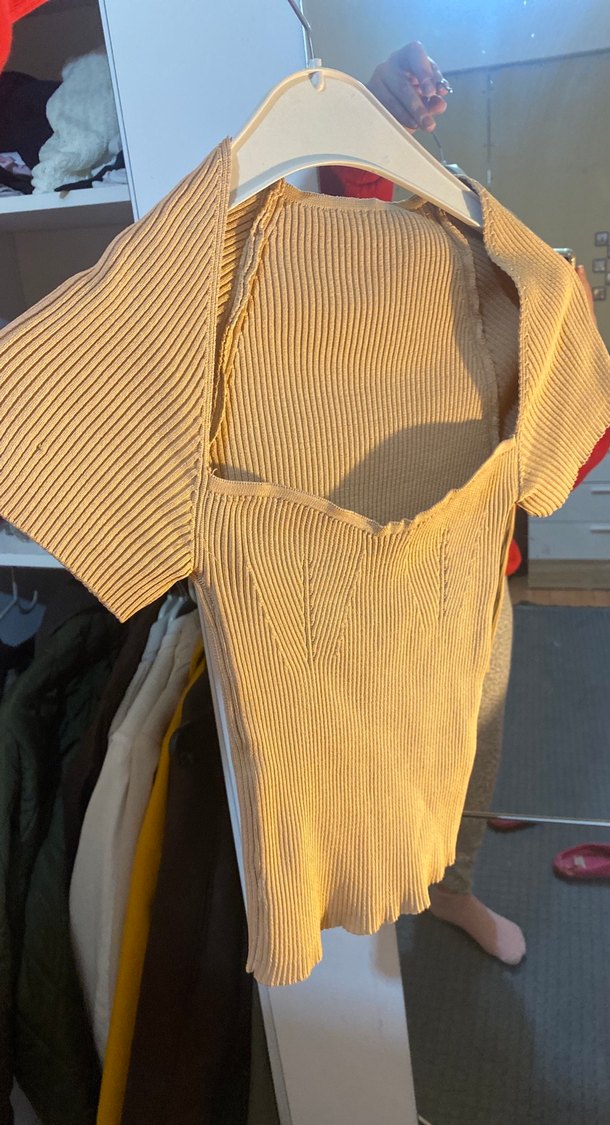 Bej Kadın Kısa Kollu Örgü Mini Kazak - Görsel 3