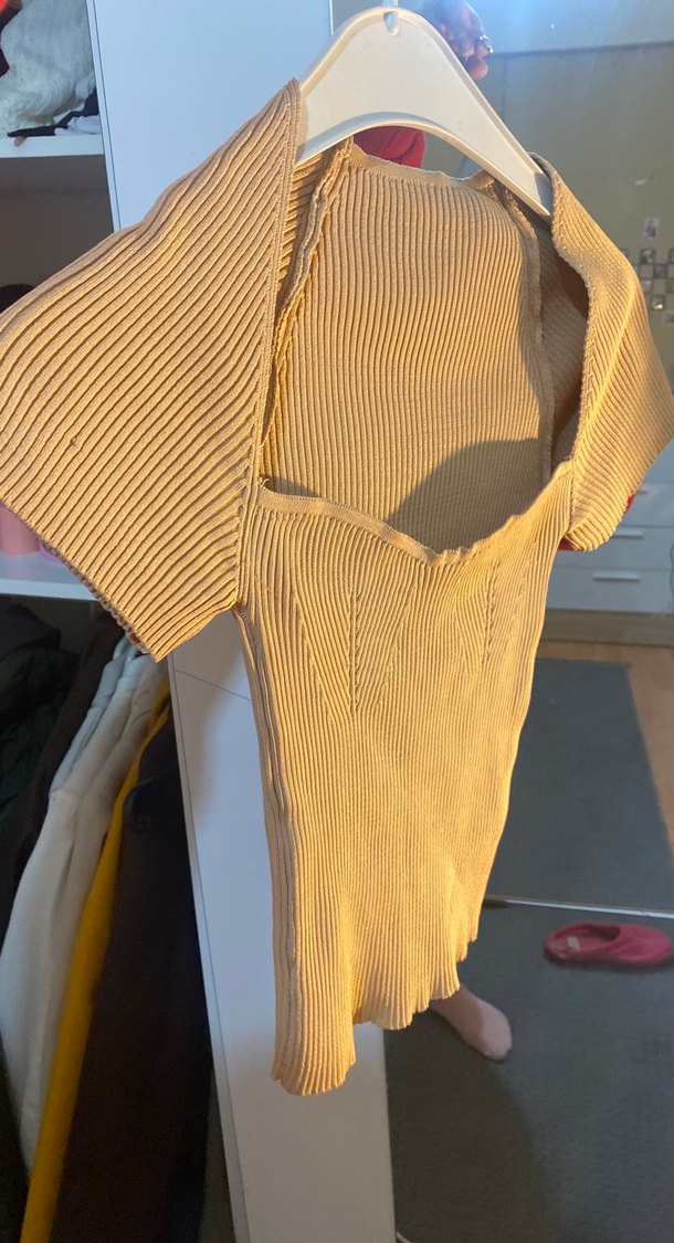 Bej Kadın Kısa Kollu Örgü Mini Kazak - Görsel 2