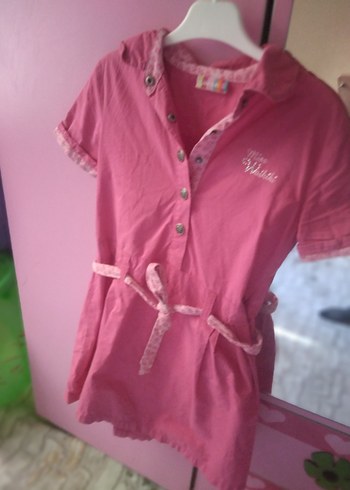 Kız Çocuk Pembe Kısa Kollu Beli Kuşaklı keten elbise - Görsel 2