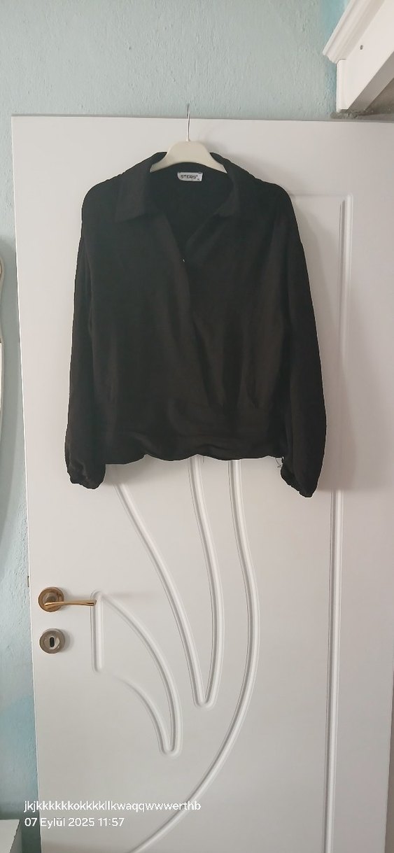 Drapeli Siyah Keten gömlek - Görsel 5