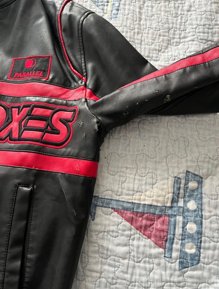 Bershka Kırmızı Siyah Baskılı Deri Biker Ceket - Görsel 5