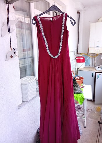 xs Beden bordo Renk Bordo Uzun Drapeli Abiye Elbise