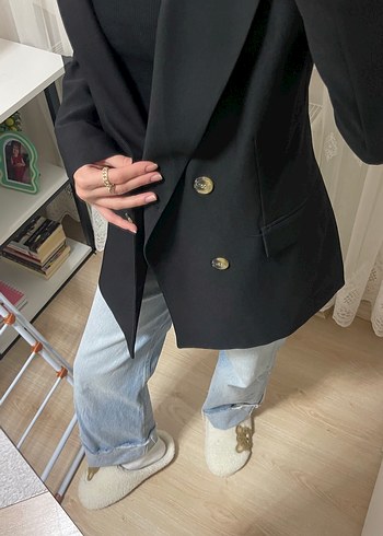Siyah Düğmeli Midi Denim Blazer - Görsel 3