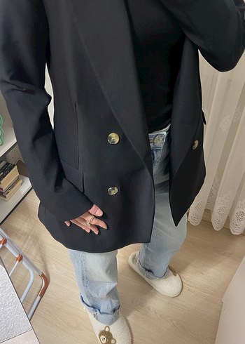 Siyah Düğmeli Midi Denim Blazer - Görsel 2