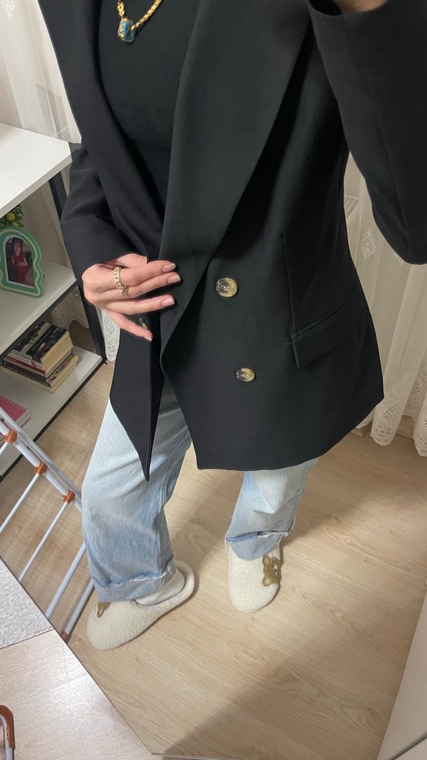Siyah Düğmeli Midi Denim Blazer - Görsel 3