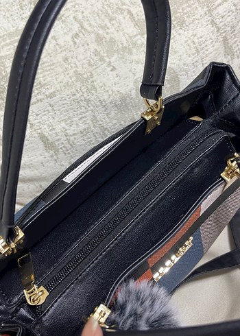 Gri Ekoseli Kürklü Kadın Çanta - Görsel 3