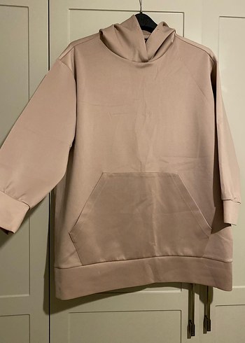 Bej Kadın Scuba Kumaş Kapüşonlu Sweatshirt - Görsel 2