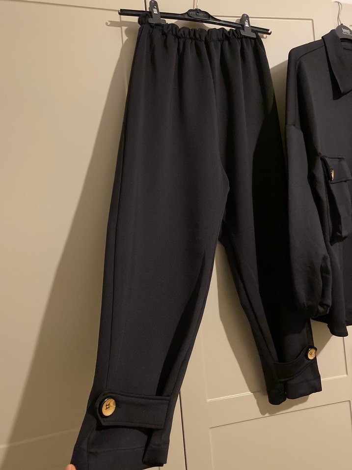 Düğmeli Scuba Kumaş Siyah Midi Kadın Takım - Görsel 2