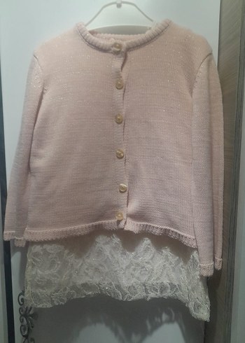 Bej Dantelli Triko Kız Hırka ve simli elbise - Görsel 2