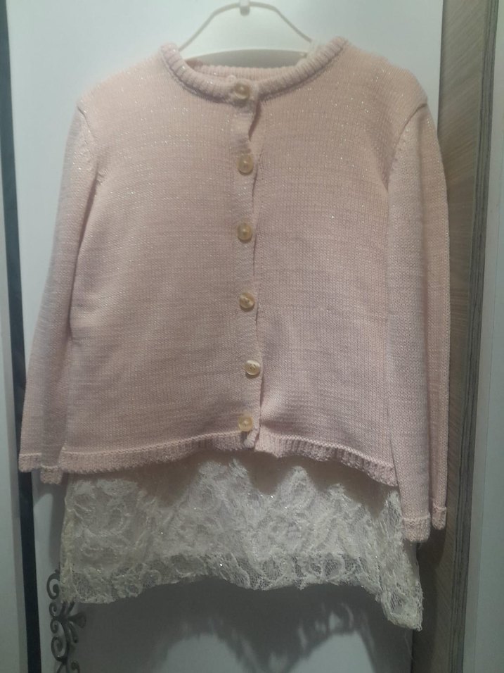 Bej Dantelli Triko Kız Hırka ve simli elbise - Görsel 2