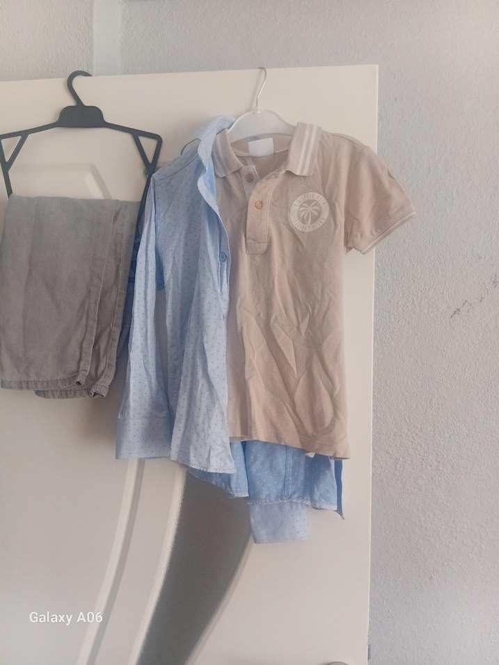 Bej Keten Erkek çocuk gömlek pantolon ve tişört - Görsel 3