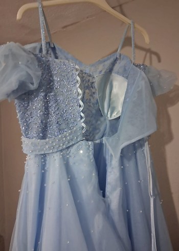 Mavi Uzun Drapeli Straplez Nişan Elbisesi - Görsel 5