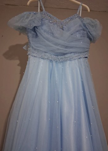 Mavi Uzun Drapeli Straplez Nişan Elbisesi - Görsel 4