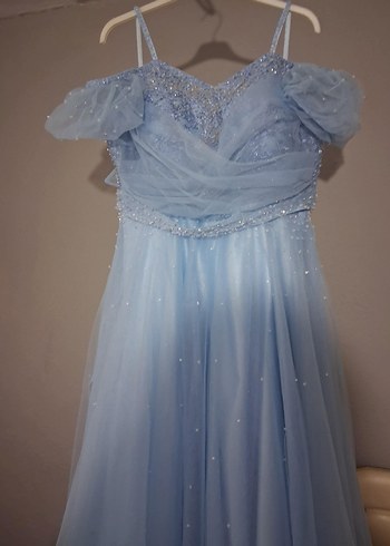 Mavi Uzun Drapeli Straplez Nişan Elbisesi - Görsel 6