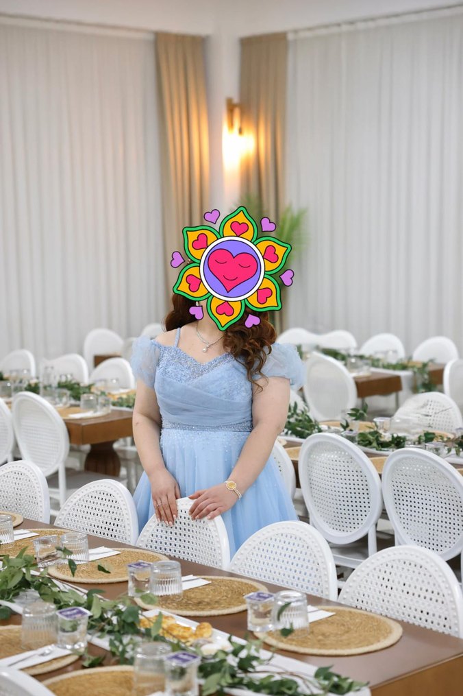 Mavi Uzun Drapeli Straplez Nişan Elbisesi - Görsel 3