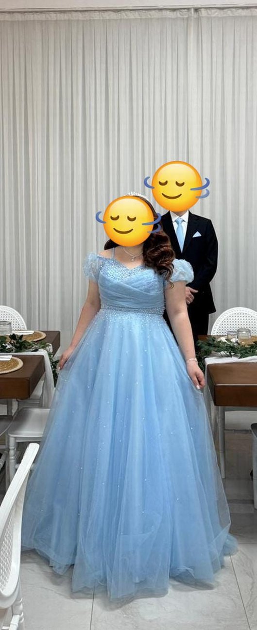 Mavi Uzun Drapeli Straplez Nişan Elbisesi - Görsel 2