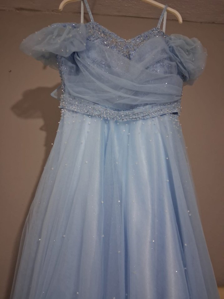 Mavi Uzun Drapeli Straplez Nişan Elbisesi - Görsel 4