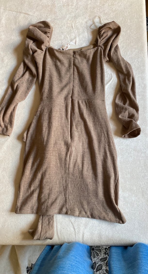 Bej Triko Uzun Kollu Midi Elbise - Görsel 2