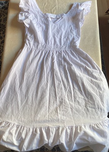 Beyaz Keten Midi Elbise Fırfırlı - Görsel 2