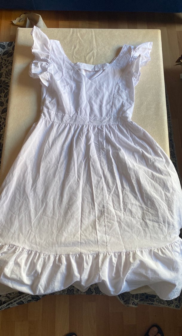 Beyaz Keten Midi Elbise Fırfırlı - Görsel 2