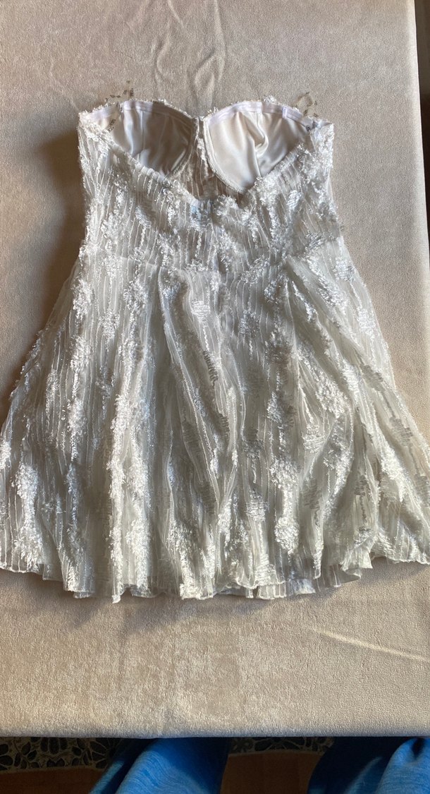 Straplez Mini Gelinlik, Bohem Tarz, Beyaz - Görsel 2