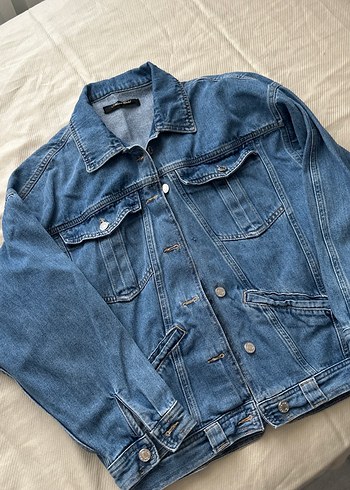 l Beden Düğmeli Mavi Kadın Denim Ceket