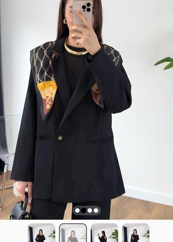 Düğmeli Siyah Baskılı Midi Kadın Blazer