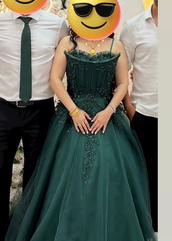 İşlemeli Boncuklu Straplez Uzun Yeşil Abiye