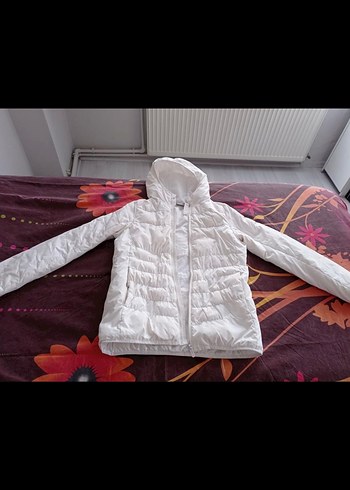 Orijinal Kadın Beyaz Kapüşonlu İnce Kış Montu Kaz tüylü - Görsel 3