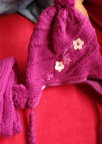 Nakışlı Pembe Örgü Çocuk Bere ve Atkı Seti - Görsel 5