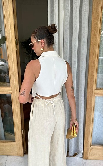 s Beden beyaz Renk Zara cut out keten yelek