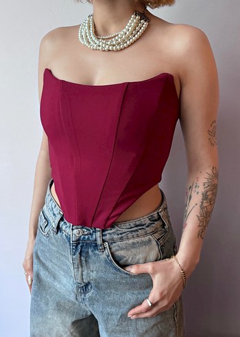 Trendyolmilla Bordo Straplez Drapeli Mini Bustiyer - Görsel 2