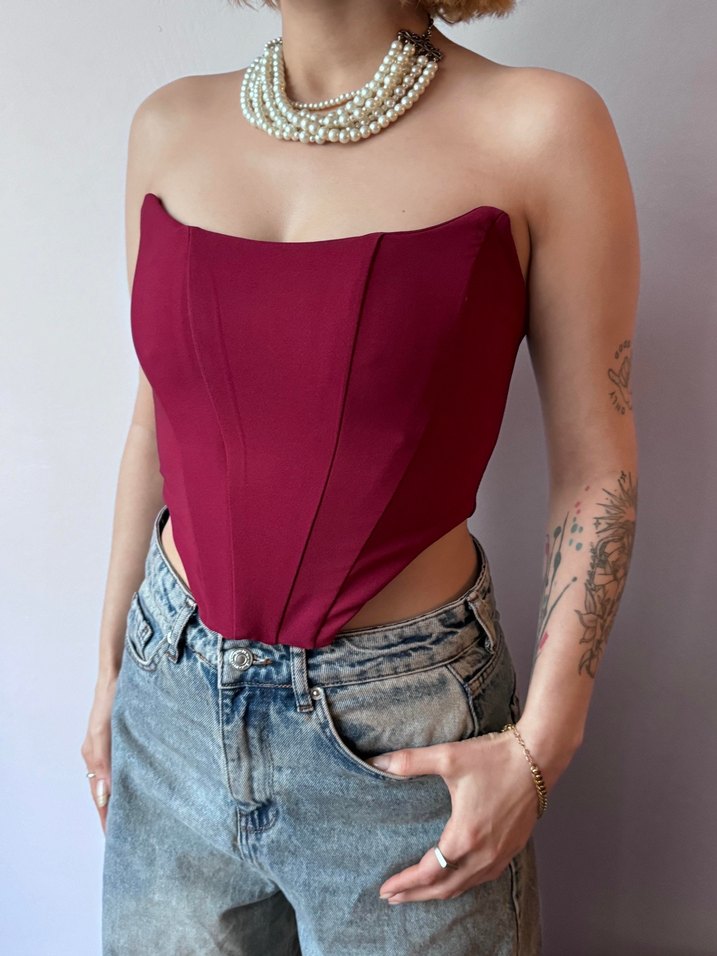 Trendyolmilla Bordo Straplez Drapeli Mini Bustiyer - Görsel 2