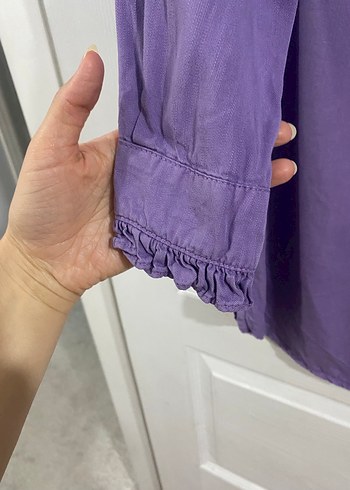36 Beden mor Renk Fırfırlı Uzun Kollu Mor Tencel Gömlek