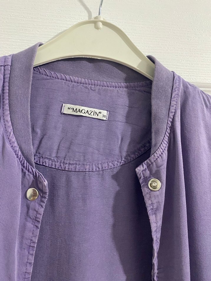 Düğmeli Mor Midi Tencel  Ceketi - Görsel 4