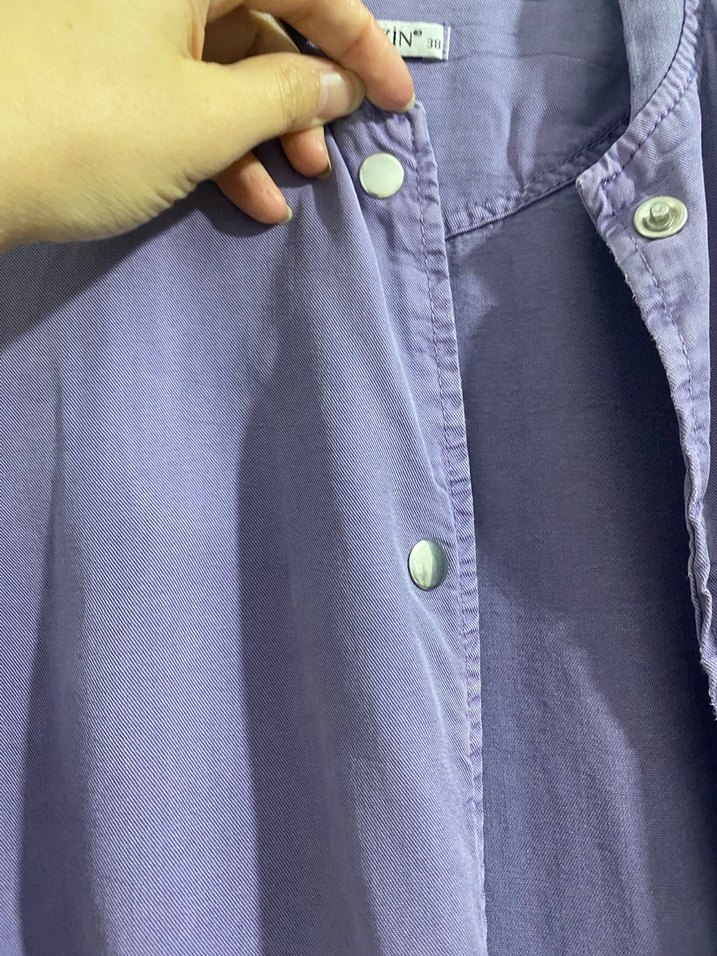 Düğmeli Mor Midi Tencel  Ceketi - Görsel 5