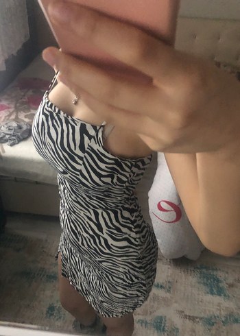 Zebra Desenli Midi Straplez Kadın Elbise - Görsel 2